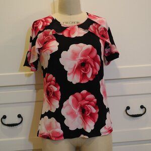 Calvin Klein, Women's Blouse, Short Sleeve,Size Small, Black with Floral Pattern